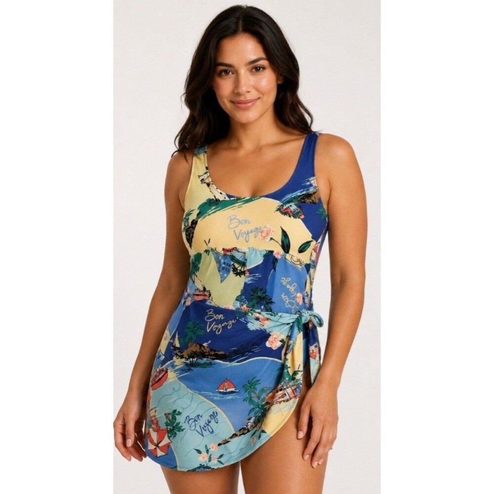 Old Navy Swim Dress Womens XS One Piece Swimsuit Side Tie Beach Blue Cream Beach